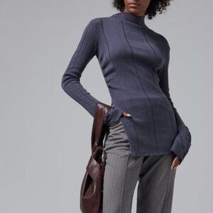 New Jade Cropper Long Sleeve Top With Slit in Storm Grey purple knit sweater